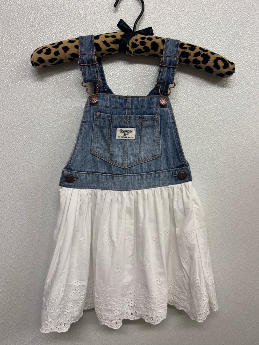 OshKosh B'gosh Blue Denim Overall Dress with White Eyelet Skirt